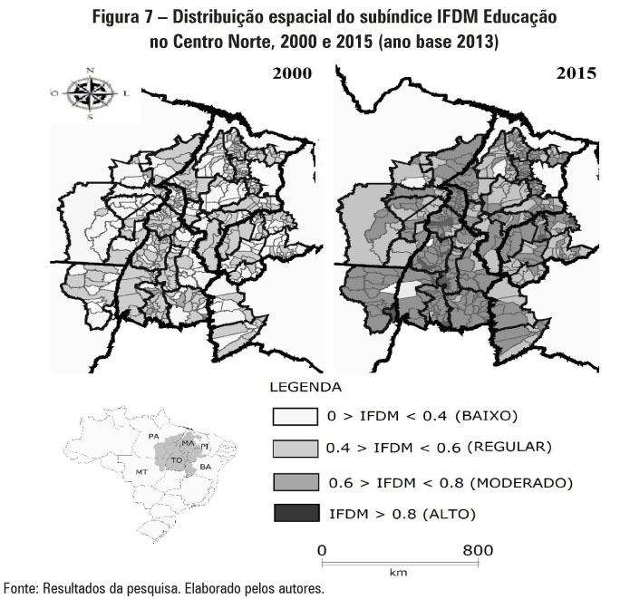 Figura 7 – Distribuição espacial do subíndice IFDM Educação no Centro Norte, 2000 e 2015 (ano base 2013)