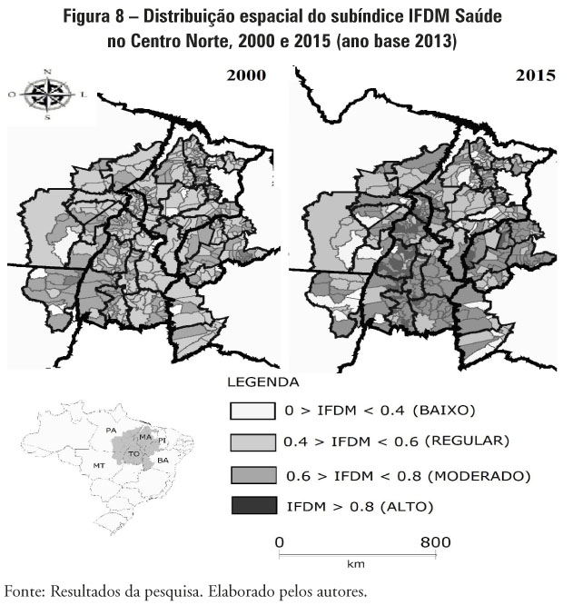 Figura 8 – Distribuição espacial do subíndice IFDM Saúde no Centro Norte, 2000 e 2015 (ano base 2013)